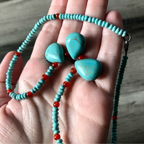 Artisan Handmade Genuine Turquoise & Carnelian Teardrop Beaded Necklace - Picture 7 of 7